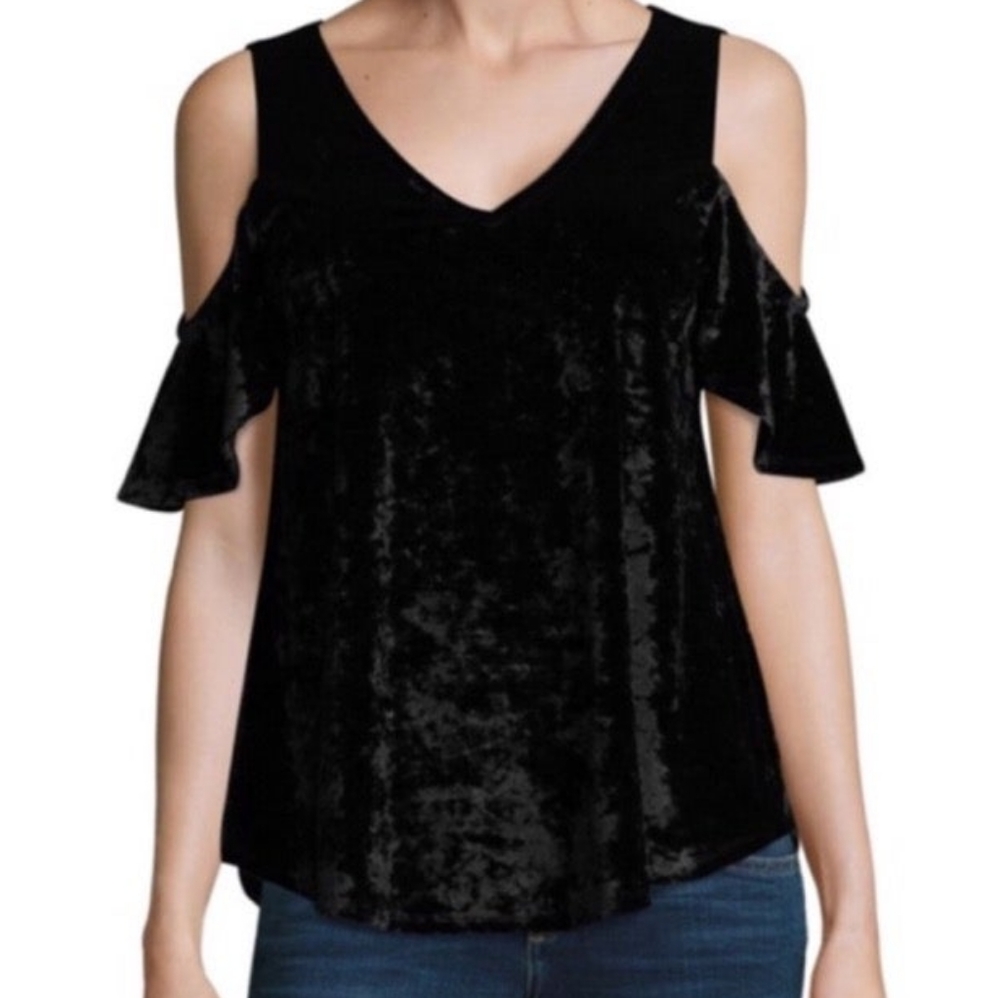 A.N.A. Black Crushed Velvet Cold Shoulder Top